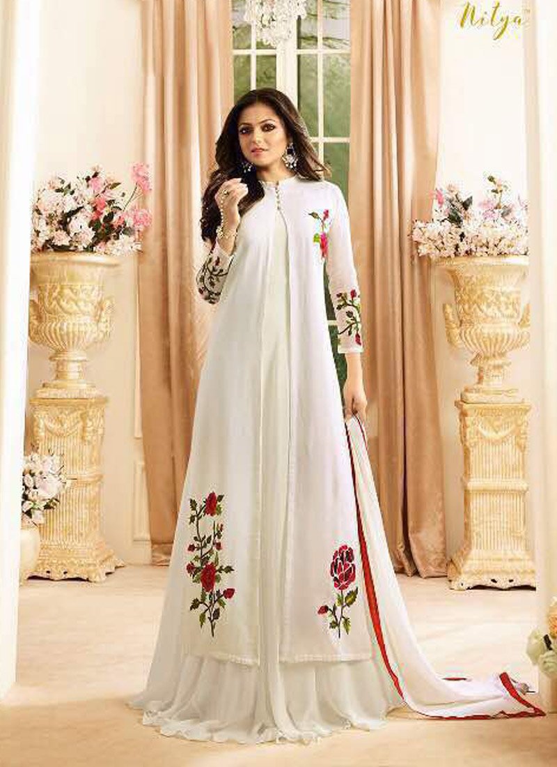 Online Shop Drashti Dhami White Embroidered Wedding Wear Floor Length Anarkali Nitya Vol 106 1607 By LT Fabrics SC 010618 At suryavansicreation Salwar Kameez Wholesale India